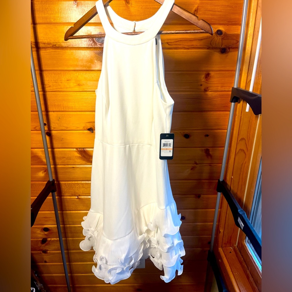 GUESS- Ivory Halter Neck Pleated Ruffled Mini Dress